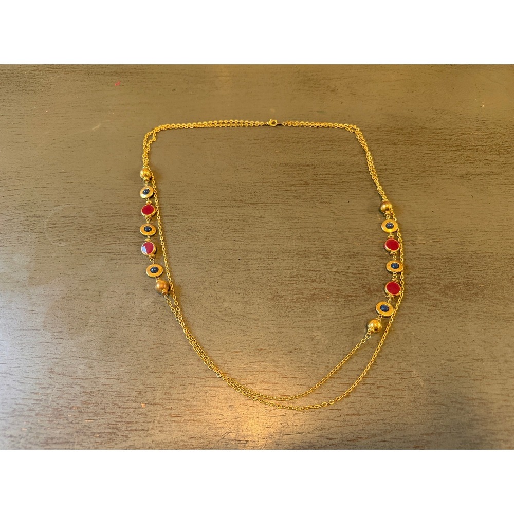 Vintage Gold Tone Double Strand Necklace Red Blue Enamel Station Bead 36 Inch